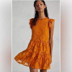 NWT Anthropologie Blue Tassel Orange Gold Tiered Lace Tunic Dress medium $160